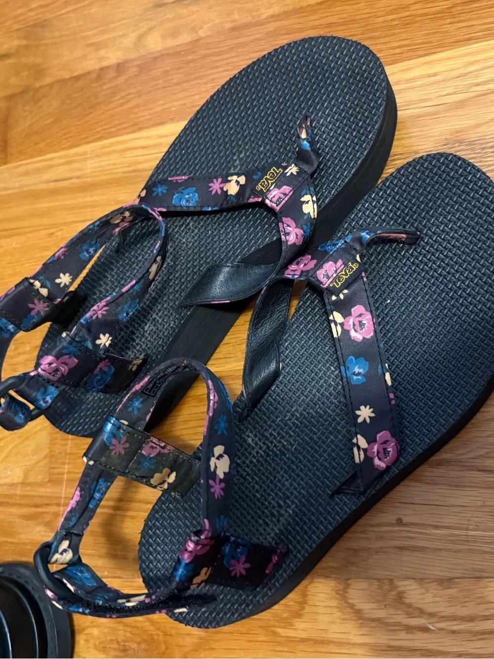 Teva Floral Print Platform Sandals - Black with Purple-Pink Accents